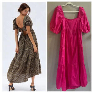 New! Minkpink Yasamin puff sleeve tiered midi dress raspberry pink 13984